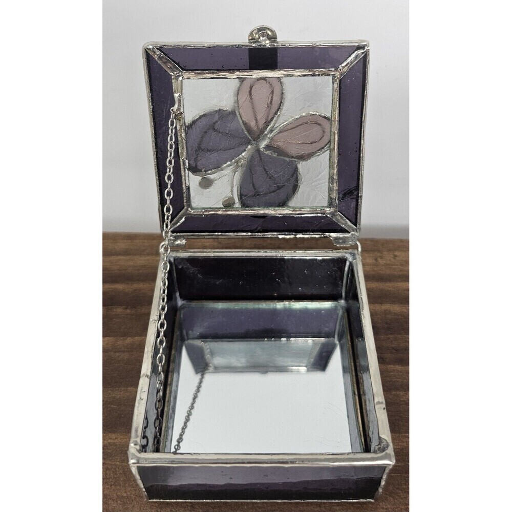 Butterfly Stained Glass Trinket Box Mirror Base Chain Hinged Lid Multicolor 3x3" - Picture 2 of 12